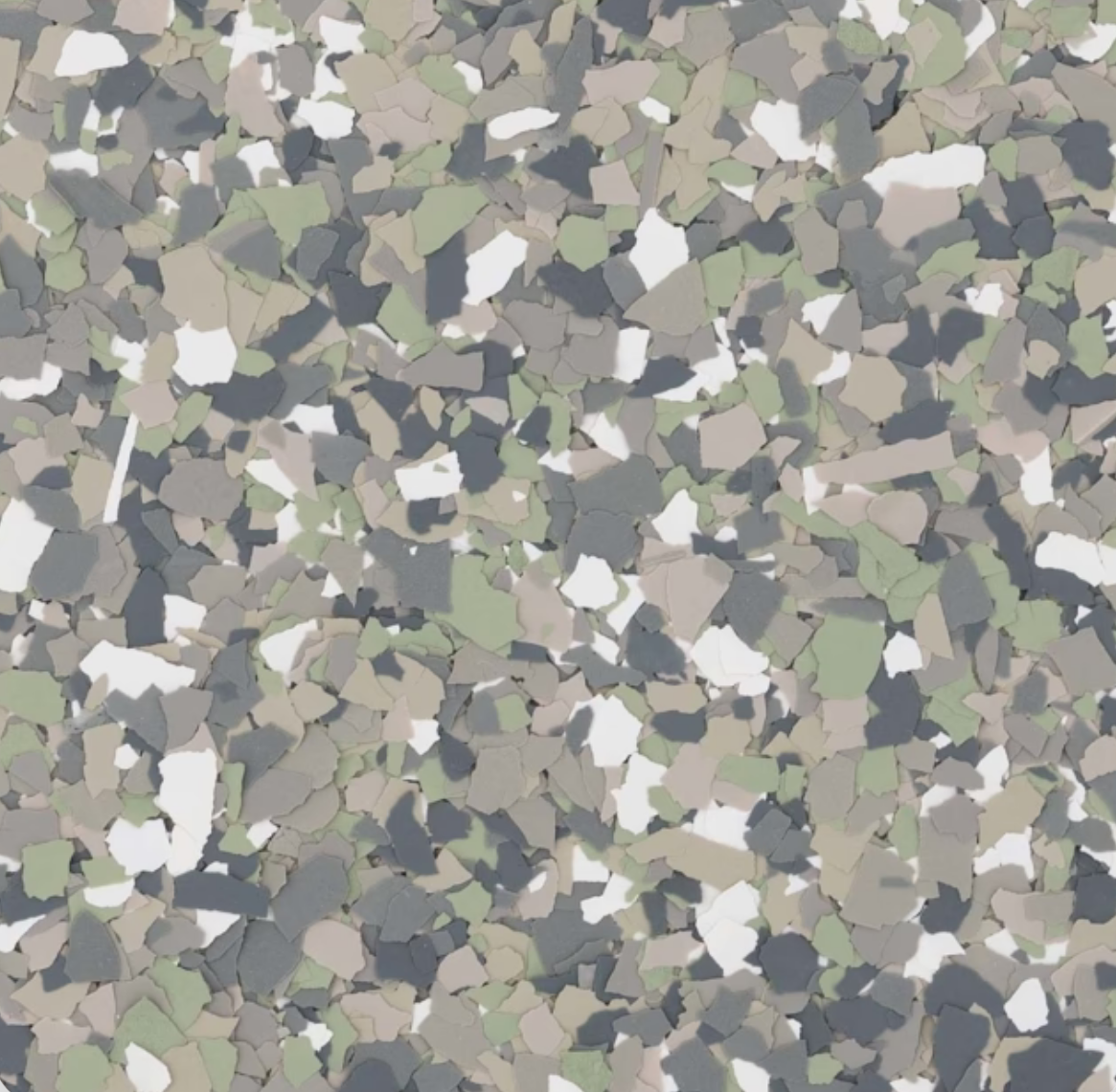 The image shows a close-up of a camouflage pattern featuring various shades of green, gray, white, and beige shapes overlapping randomly.
